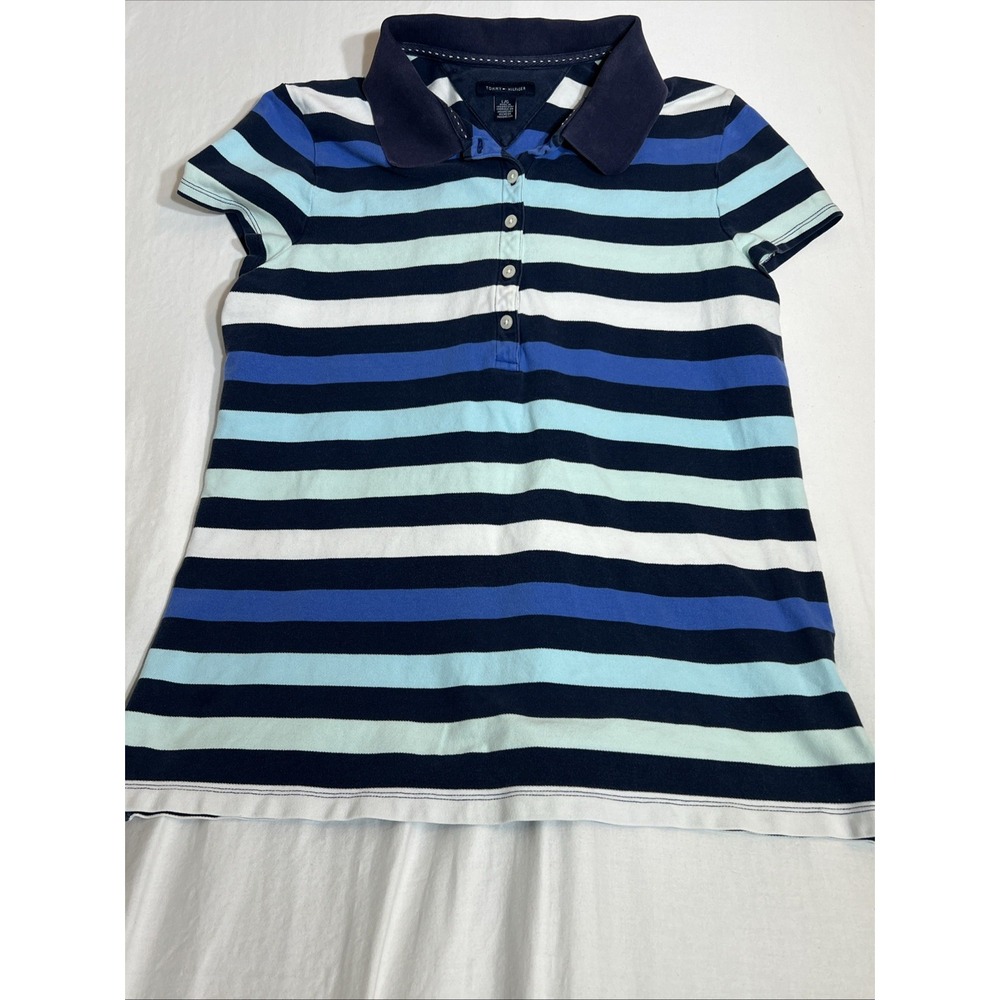 Tommy Hilfiger Y2K Polo Golf Shirt Large Navy Blue White Striped Heritage Preppy